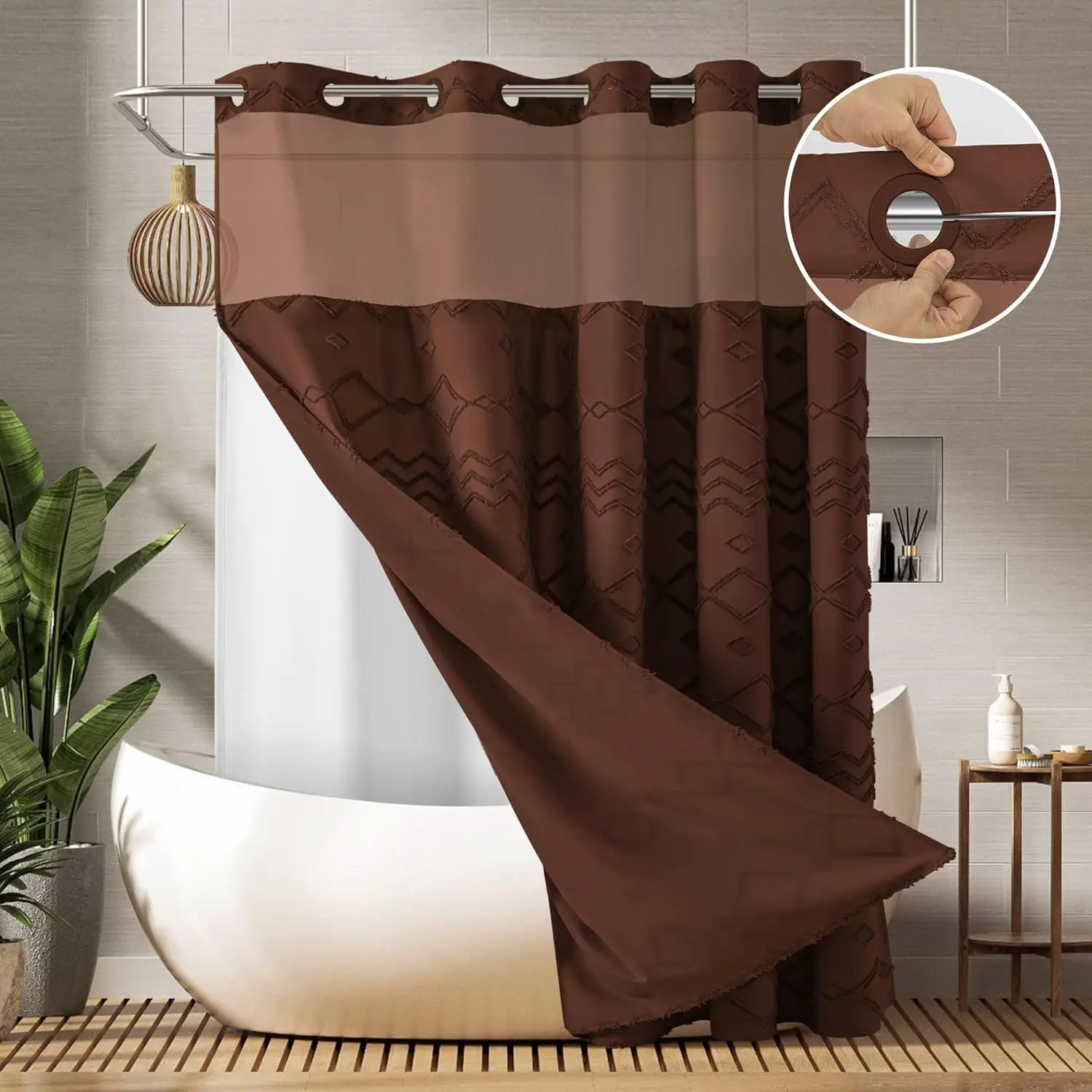 Modern Double-Layer Fabric Shower Curtain with Snap-In Waterproof Inner Liner, White Cloth Outer, Dark Brown, 72x75 in, No-Hook, Machine Washable, Easy Care