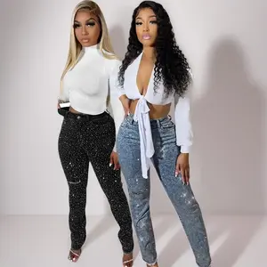 Fashion Women's Clothing Rhinestone Slim Pocket Ripped Frayed Jeans Skinny Pants Can be used with raincoat