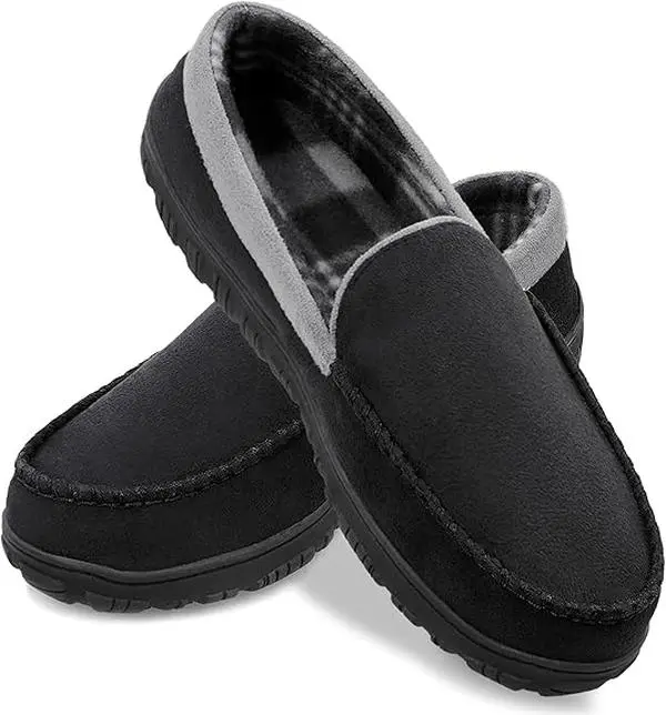 SHOESLOCKER Men's Round Toe Casual Slip-On Moccasin Slippers - Memory Foam Cushioned, Soft Fabric Interior, Non-Slip TPR Plush, Indoor/Outdoor, All Seasons, Black/Brown/Grey, Comfortable & Stylish, Boy Flipflop tiktokshopbacktoschool