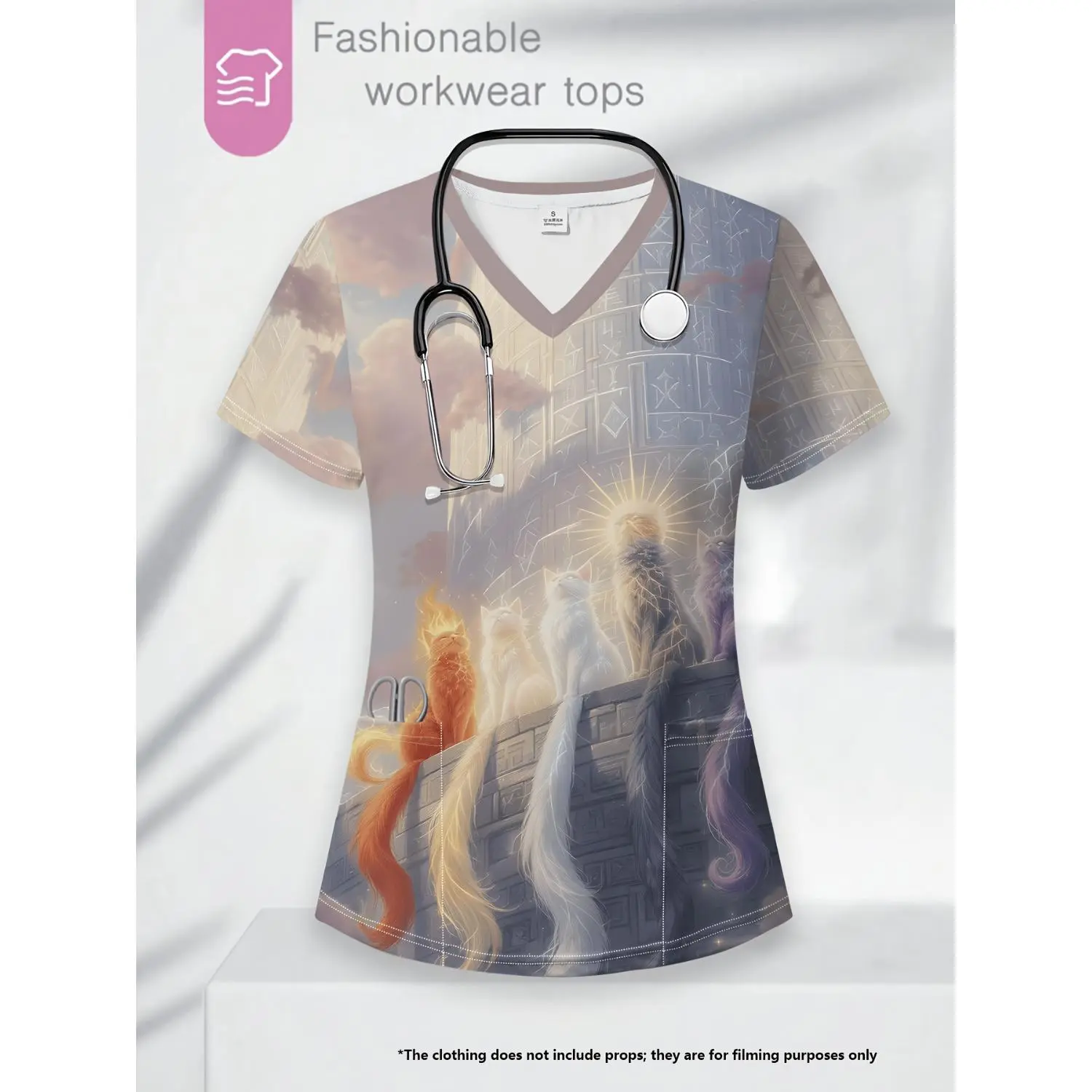 Cartoon Print V-Neck Women's T-Shirt with Shiny Floral Accents - Stylish & Comfortable Workwear Top
