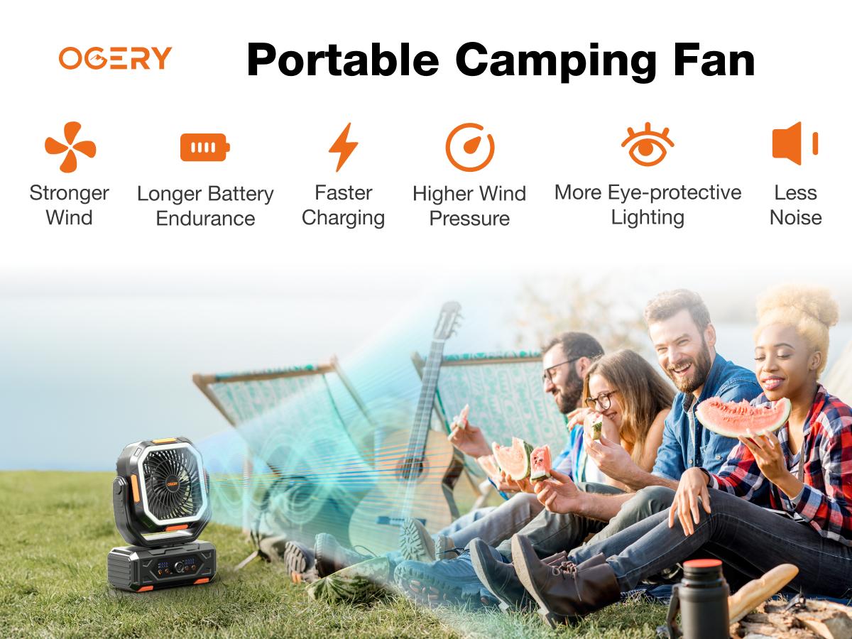 OGERY 2026 Upgraded Camping Fan, 30000mAh Rechargeable Fan with LED Lights & 270° Pivot, Remote Control Shaking Head Desk Fan for Tent Travel Home Multifunction Outdoor Activities
