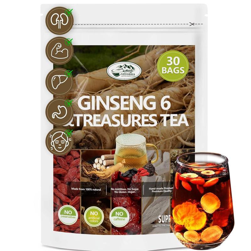 Upgrade Ginseng Six Treasure Herbal Tea – Traditional Botanical Blend, Smooth Earthy Flavor, Caffeine-Free Wellness Tea, 30 Tea Bags