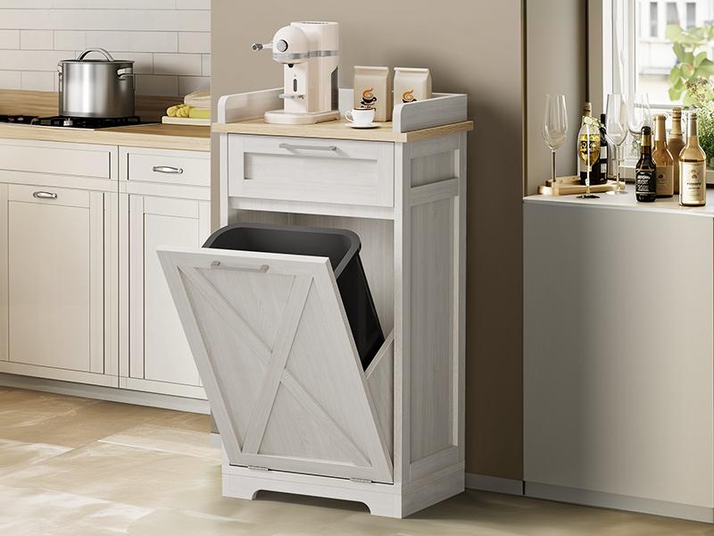 DWVO Wooden Trash Cabinet with Drawer, Tilt-Out Hamper for Kitchen Island, 20.5" W x 14" D x 39" H, Off White/Black