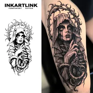 INKARTLINK Tattoo Tech, 2 Sheets Extra Large Semi Permanent Tattoo, Adult Art Design Temporary Tattoos, Lasts 1-2 Weeks, Waterproof, Realistic Look, No Adhesive, No Reflection (Nun) Dark