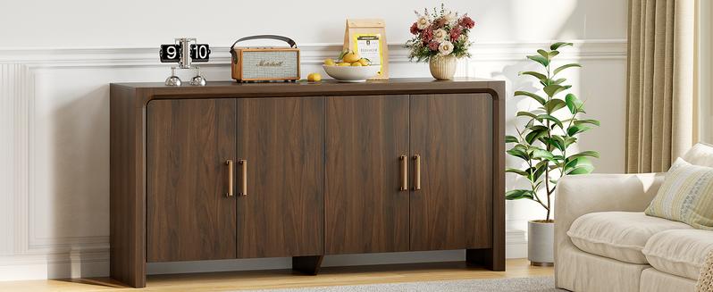 【Valentine's Day gift】ONBRILL 63" Buffet Cabinet with 4 Doors and Adjustable Shelves, Sideboard Buffet Cabinet with Storage, Wood Kitchen Console Table, Modern Coffee Bar for Kitchen, Living Room, Hallway