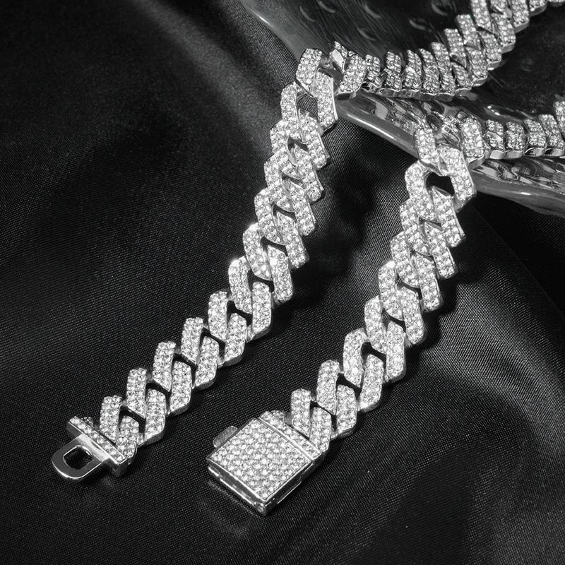 16/18/20/24inch Prong Cuban Link Chain for Women Men Iced Out 2 Row 15mm Rhinestone Miami Rhombus Hip Hop Cuban Necklaces Jewelry