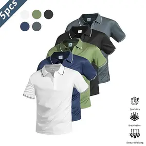 Five-piece men’s casual short-sleeve polo set—quick-dry golf and tennis shirts, comfortable riding wear, stylish men’s sportswear—ideal for casual gatherings, vacations, and travel; contrast color design at the neckline and cuffs.