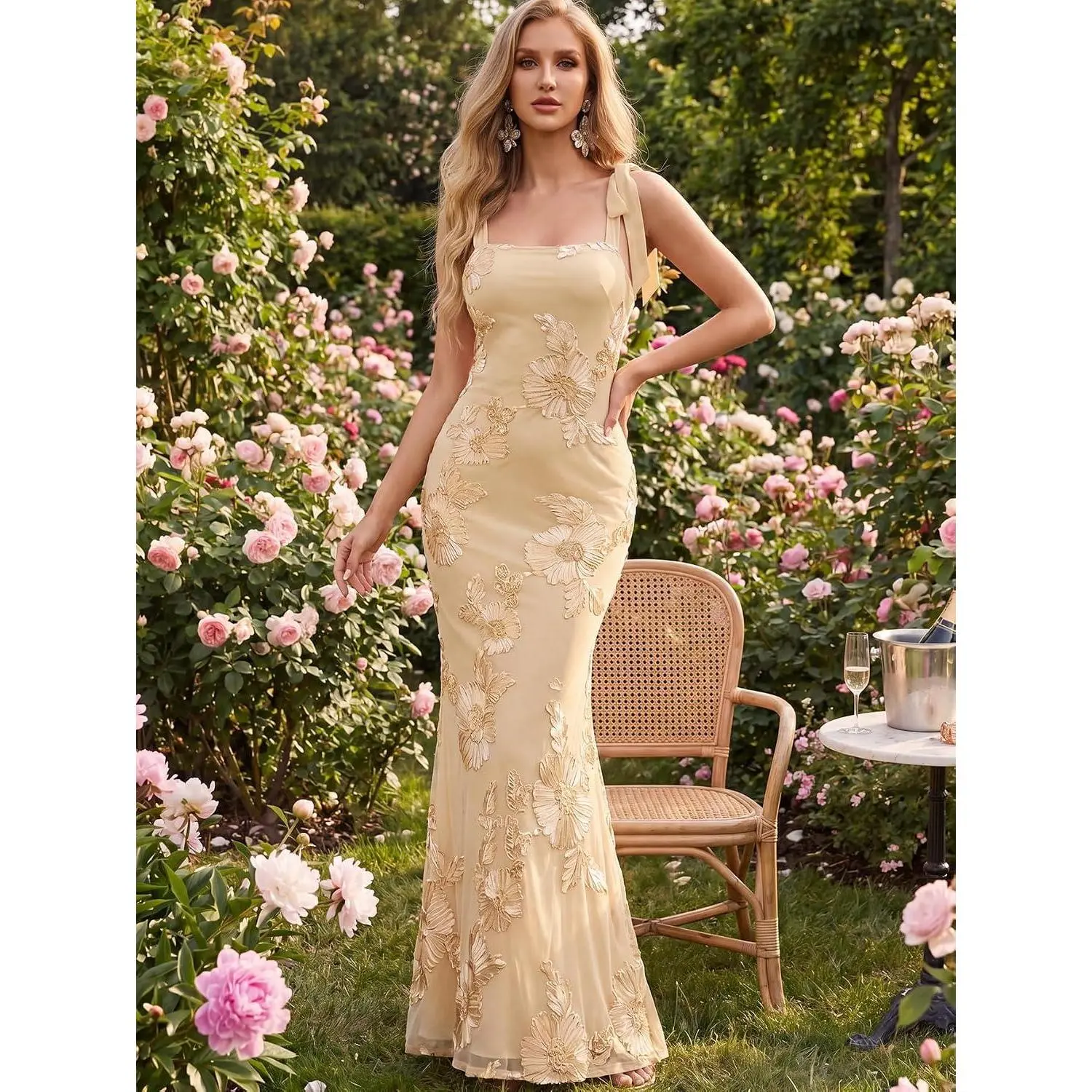 Women’s Summer Spaghetti Strap Floral Maxi Dress 2026 Bodycon Mesh Mermaid Wedding Guest Cocktail Party Formal Dresses Light Yellow