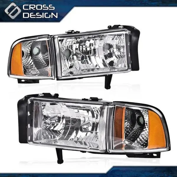 CROSSDESIGN FIT FOR 94-02 DODGE RAM 1500 2500 3500 HEADLIGHT LAMPS CLEAR LENS CHROME HOUSING