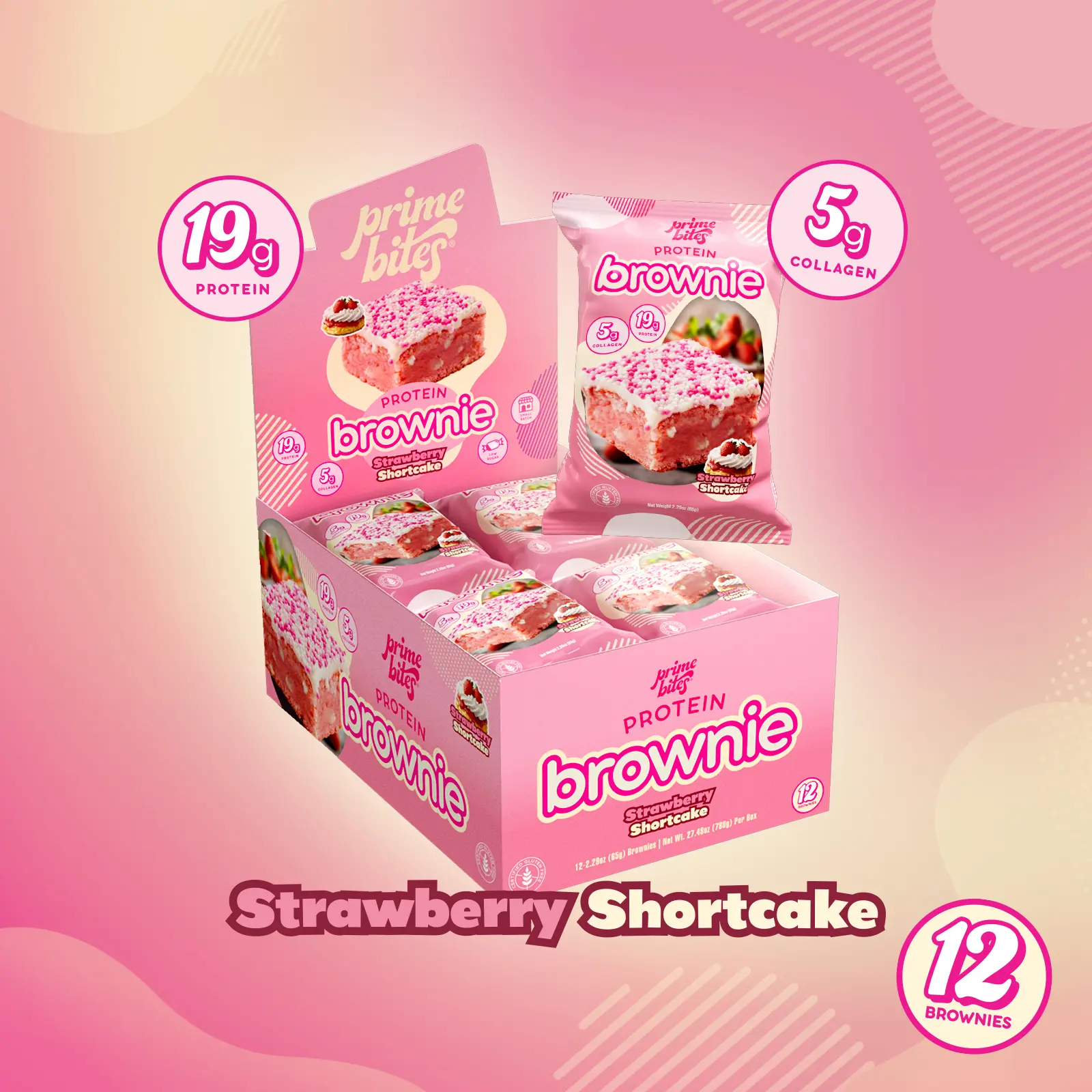 Strawberry Shortcake Prime Bites - 12 Pack Protein Brownies with 19g Protein & 5g Collagen - Fresh-Baked High Protein Snack with Sprinkles & Low Sugar