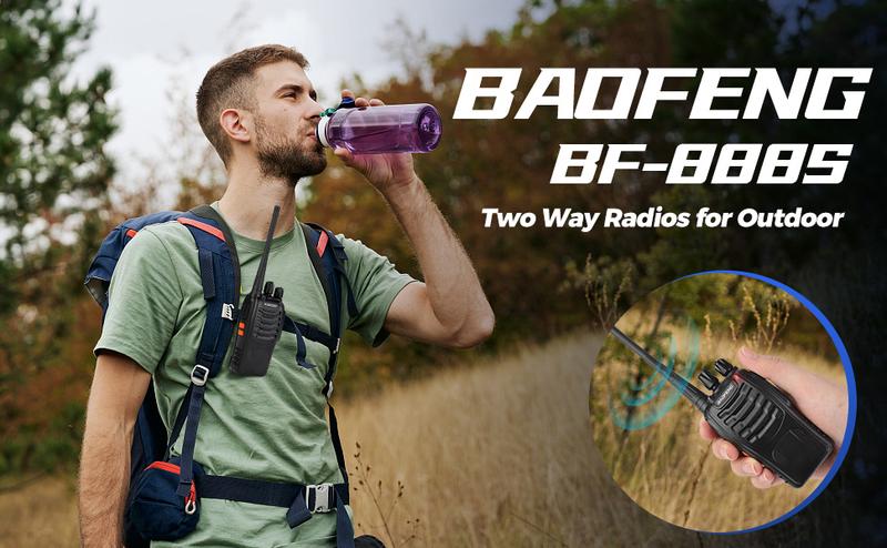 Baofeng Walkie-Talkie 888S Audio Walkie-Talkie, (10 units with 10 headsets) rechargeable with a 1-3 km long-range distance, 16-channel professional handheld two-way communication, built-in flashlight, comes with a lithium battery and charger.