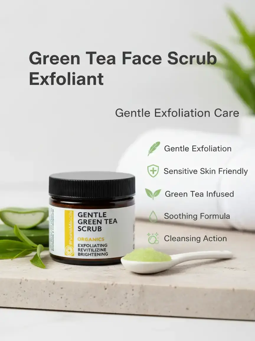 Brightening Face Scrub and Gentle Physical Exfoliating Cleanser for Sensitive Skin with Soothing Green Tea, Chemical Free, Hydrating