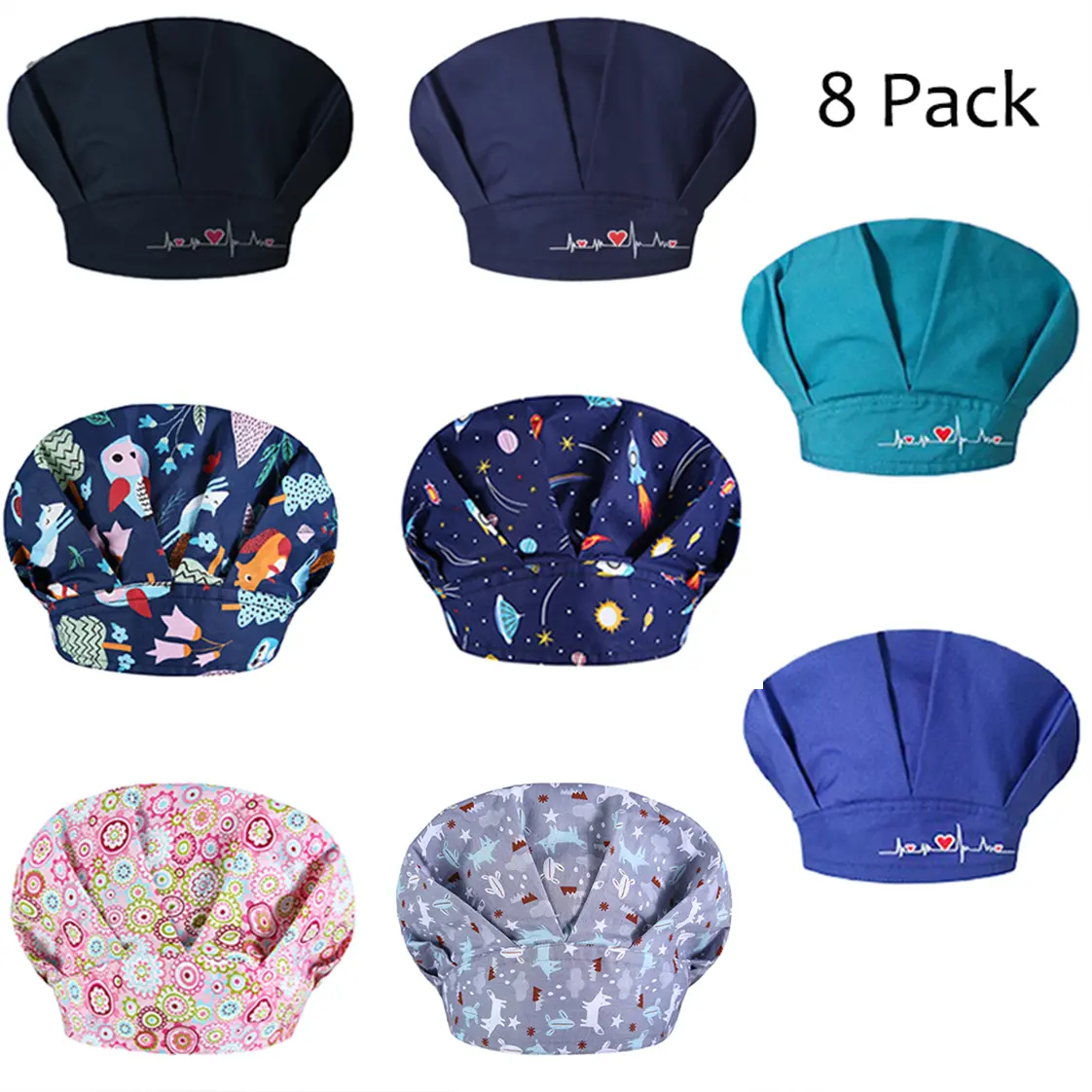 Unisex Floral Satin Nurse Surgical Caps, 8-Pack Bouffant Hats with Buttons, Sweatband, Adjustable Tie-Down Beanie for Daily Wear, One Size Multi Color
