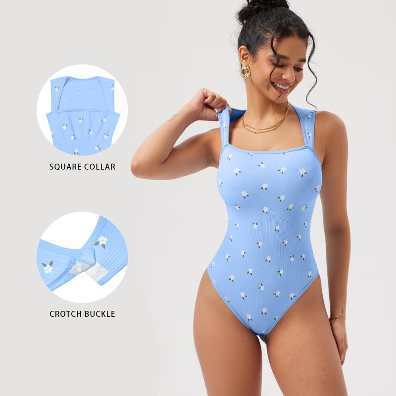 OQQ Women's 3 Piece Ribbed Bodysuits - Sexy Square Neck Sleeveless Tank Top Design - Stretchy  Soft Womenswear Underwear Lady Comfort Trendy Girl Party