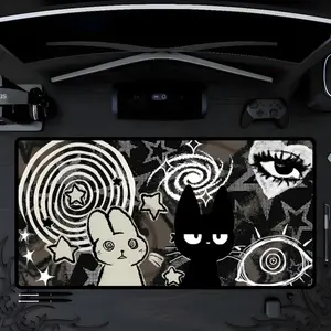 Dark Punk Pad Trippy Bunny & Cat Mousepad Alt Grunge Desk Mat Weirdcore Aesthetic Gaming Pad for Emo Desks Indie Alt Room Decor