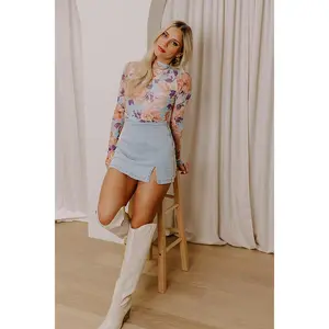 Paris Dreaming Floral Mesh Top in Sky Blue