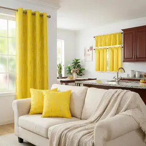 Curtain Club 7 Panels Custom Set, the fabric is tree branch ink-printed blackout fabric. It includes: 2pcs of 52x84inches curtains, 2pcs of 18x18inches cushions, 3pcs of 52x18+26x36inches kitchen curtains. Fully customized for the entire house, FT24791