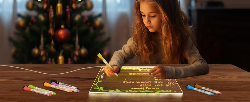 【Hot Selling Gift】LED Drawing Board with 7-Colors,Equipped with Stand,8 Colored pens (with Eraser Caps),Sketchbook,Adapter, Hook, Chain, Spray Bottle, Cloth and Sketchbook (12x“8”) LED Note Board