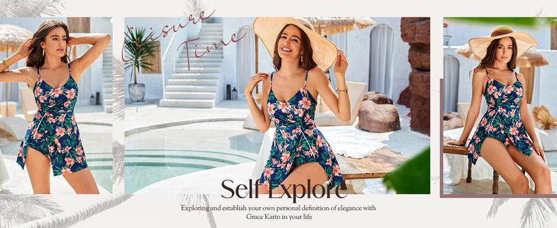 GRACE KARIN Women's One Piece Swim Dress V Neck TummyControl Swimsuit Vacation Beachwear Bathing Suit