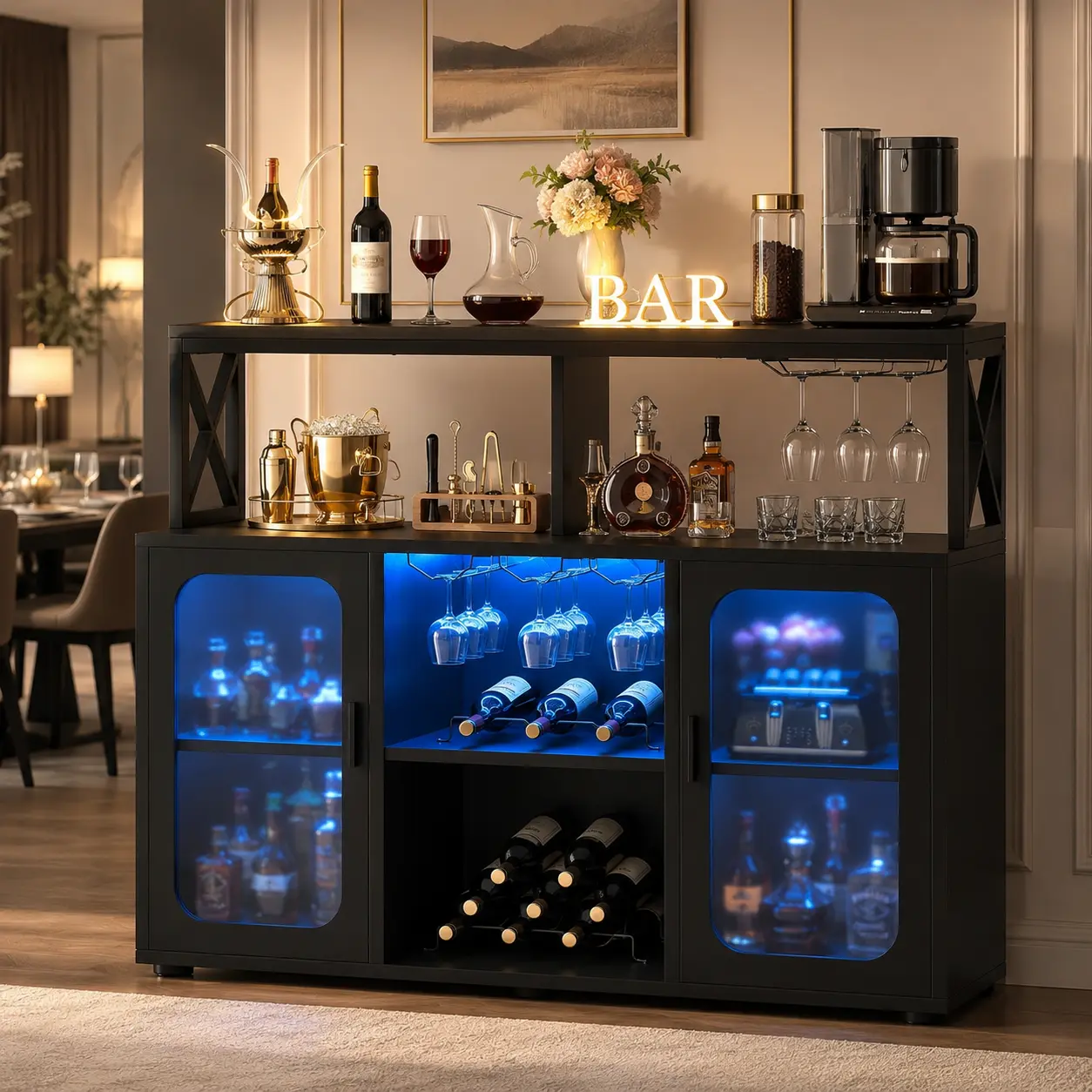 Aheaplus Bar Cabinet with Power Outlets, Liquor Cabinet with Led Lights and Glass Holder, Storage Buffet Cabinet Coffee Bar Cabinet for Liquor, Wine Cabinet with Racks