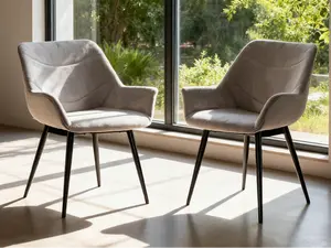 Upholstered Dining Chairs Set of 2 Mid Century Modern Dining Room Chairs Kitchen Chair for Living Room Accent Chairs Velvet Armchair with Black Metal Legs (Set of 2, Gray)