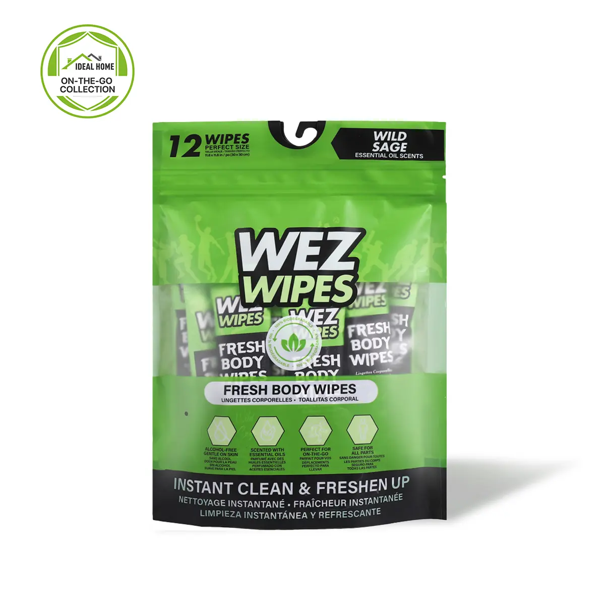 WEZ WIPES Wild Sage Fresh Extra Large Body Wipes | 12 Alcohol-Free Biodegradable Body Cleansing Wipes with Essential Oil Scent | No Rinse Bath Wipes for Gym, Travel, Camping & On-the-Go