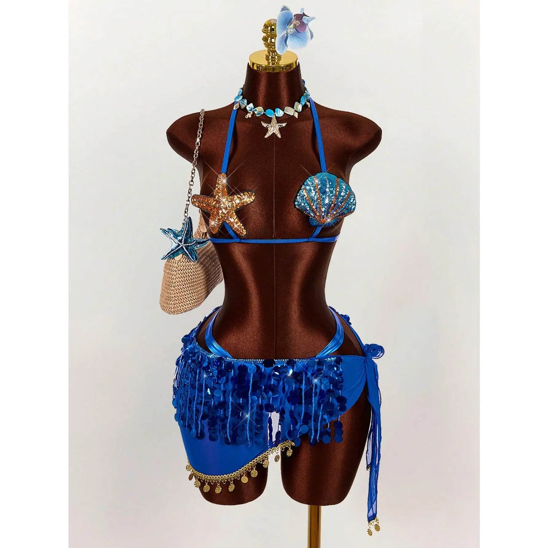 Women's 3-Piece Beach Swimsuit Set - Starfish & Shell Details, Beaded Skirt, Festival Wear, Skirted Bathing Suits for Spring/Summer Vacations, Honeymoon Swimwear Set, Skirt Style Swimsuits