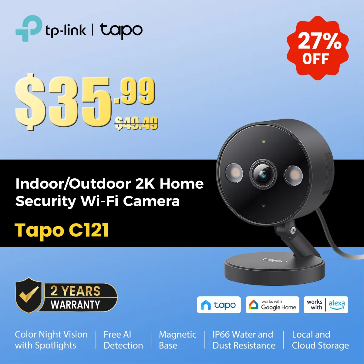 TP-Link & Tapo C121 2K QHD Indoor/Outdoor Wi-Fi Home Security Camera |  Color Night Vision | Free AI Detection | IP66 | Magnetic Mount | Dual Spotlights  #SummerWins #DealsForYouDays,back to school,back to school haul