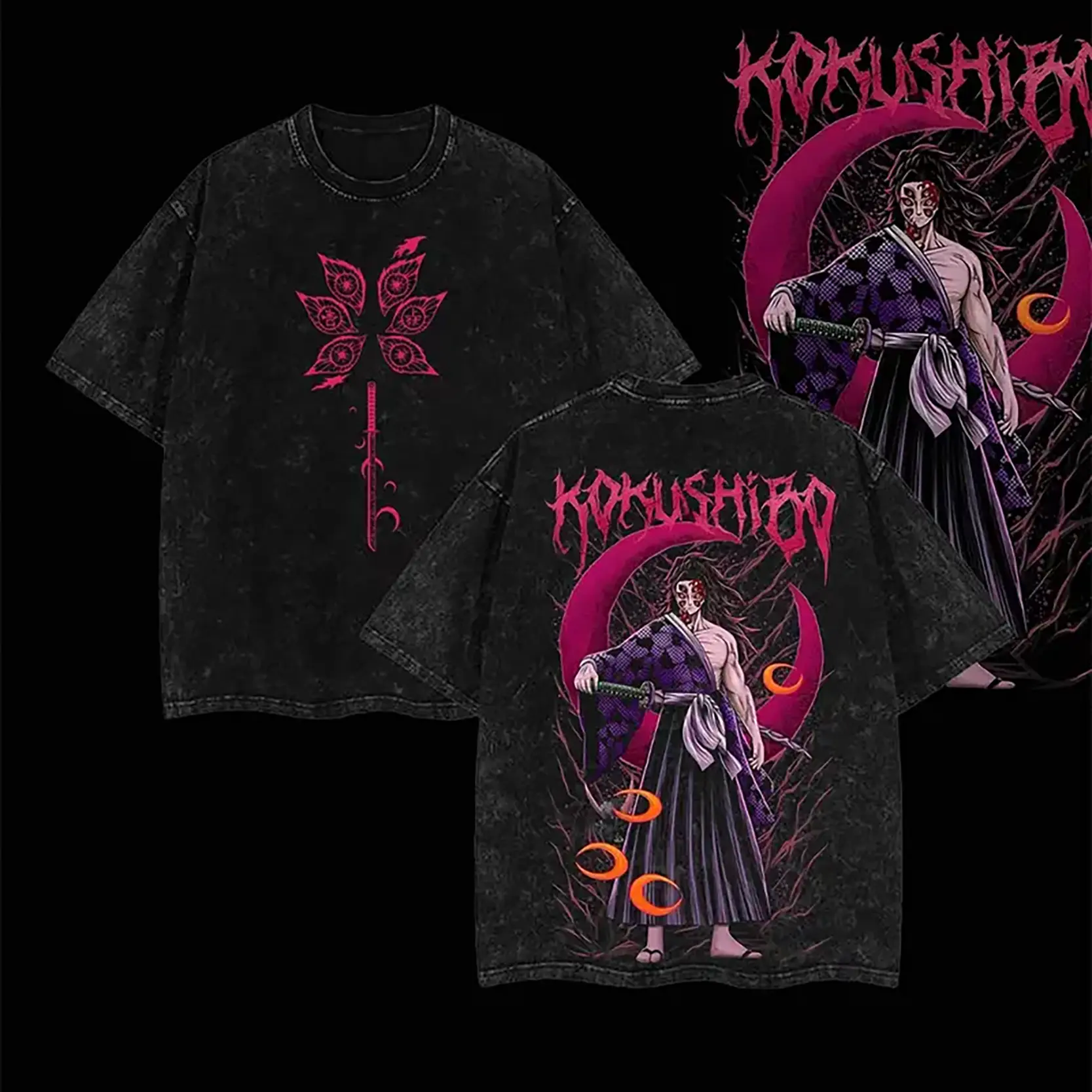 Kokushibo Tee Upper Moon Rank 1 Demon Slayer Kimetsu No Yaiba Anime Double Printed Acid Washed T-Shirt Cotton Menswear Clothes Graphic Tee for Anime Fans