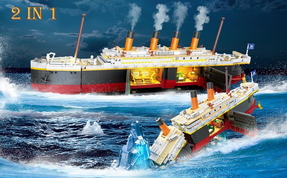 Titanic Building Set with LED Light, 1883PCS 2-in-1 Ship Model with Rotating Propellers, Opening Hatches, Opulent Hull & Interiors, Magnetic Blocks for Kids & Adults Age 10+