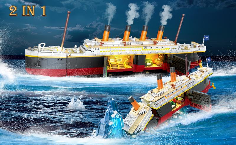 Titanic Building Set with LED Light, 1883PCS 2-in-1 Ship Model with Rotating Propellers, Opening Hatches, Opulent Hull & Interiors, Magnetic Blocks for Kids & Adults Age 10+