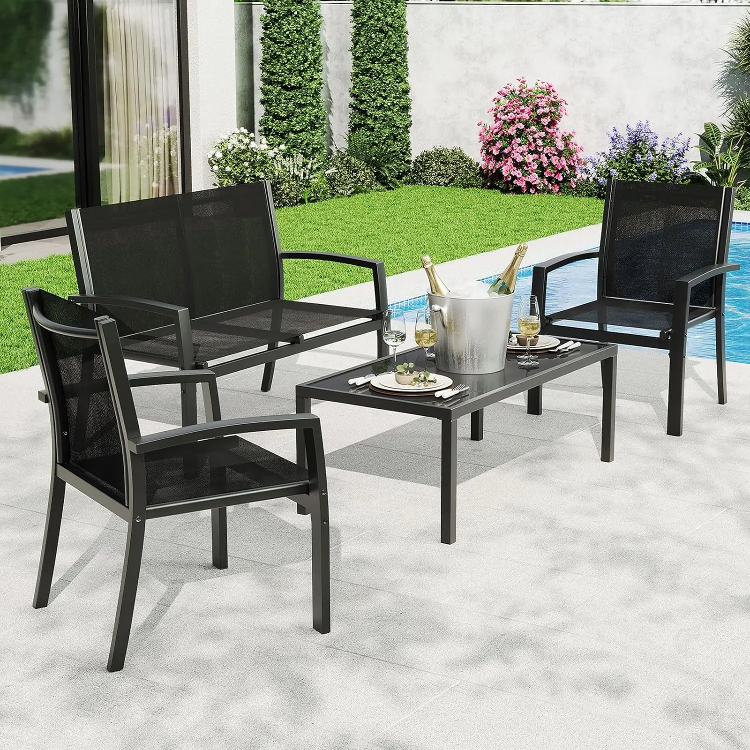 Outdoor Patio Bistro Garden Furniture Sets - 4-Piece Patio Sectional Furniture Set with 3-Seat Sofa, Loveseat, and Tempered Glass Coffee Table for Garden Conversations