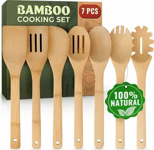 Bamboo Wooden Cooking Utensil Set 7 PCS, Natural Wood Kitchen Utensils with Spoons & Spatula, Heat Resistant Non-Scratch Cooking Tools for Nonstick Cookware