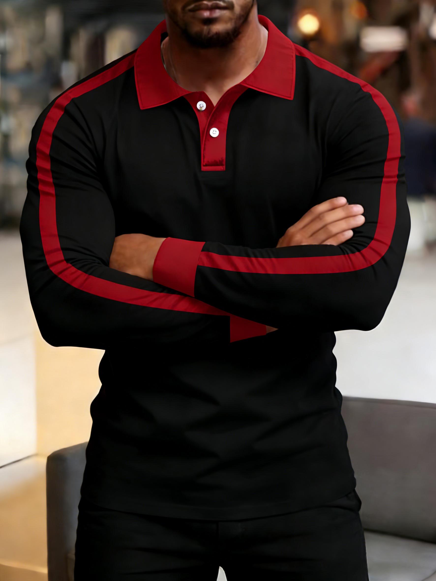 2026 Men's slim-fit long-sleeve polo shirt, made from soft and comfortable fabric, featuring a red and black contrast double-button collar, color-blocked cuffs, and side stripe accents, perfect for everyday wear and casual styling.