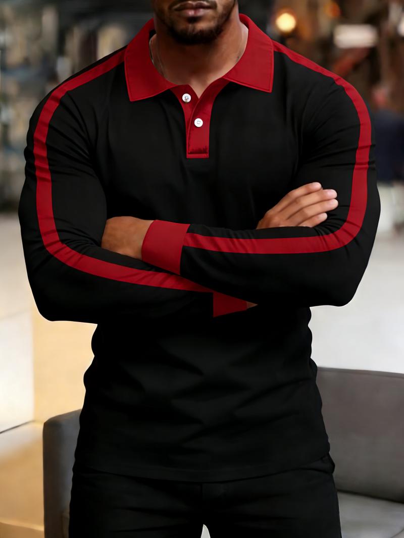 2026 Men's slim-fit long-sleeve polo shirt, made from soft and comfortable fabric, featuring a red and black contrast double-button collar, color-blocked cuffs, and side stripe accents, perfect for everyday wear and casual styling.