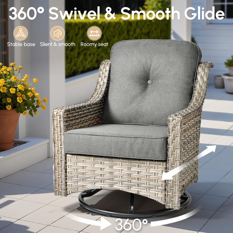 【4 Packages Shipping】Ovios 5 Pieces Outdoor Patio Furniture with 3-Seat Sofa,Rattan Wicker Coversation Set with Swivel Rocking Chair,Balcony Sofa Set with Shiny Solar Powered Coffee Table for Outside Porch Backyard PooL