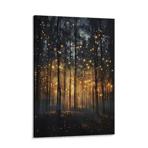 Enchanted Forest Firefly Wall Art Poster, Dark ​Twilight Landscape Wall Decor, Rustic Botanical Nature Tree Art Prints for Bedroom Living Room Office Decoration