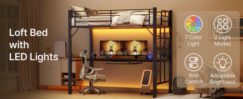Gizoon Loft Bed Twin Size with Desk & LED Lights Heavy Duty Metal Frame Storage Shelves No Box Spring Needed Brown lead rgb light