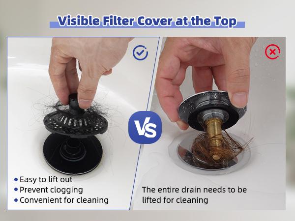 Universal Bathtub Drain Stopper Shower Drain Hair Catcher, Tub Stopper with Visible Top Strainer, Upgraded 3 in 1 Pop-up Drain Plug Fit for 1.5 to 2.4" Hole, Stainless Filter Basket  Matte Black