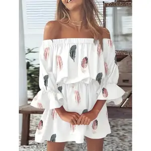 Bohemian Leaf Pattern Print off Shoulder Dress, Backless Ruffles Sleeve Dress/, Women's Clothing Casual Polyester