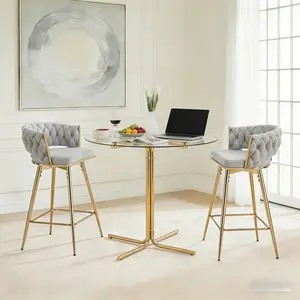Round glass bar high table, 36 inch round bar table, tempered glass tabletop, sturdy gold chrome plated four column support, suitable for transparent round bar tables in small spaces, kitchens