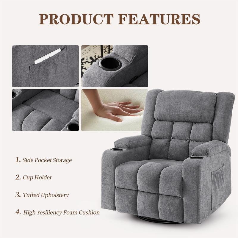 Furnimart 360° Swivel Rocker Recliner Chair for Adult, Manual Recliner Chair with Massage and Heat, Comfy Chenille Glider for Living Room, Bedroom