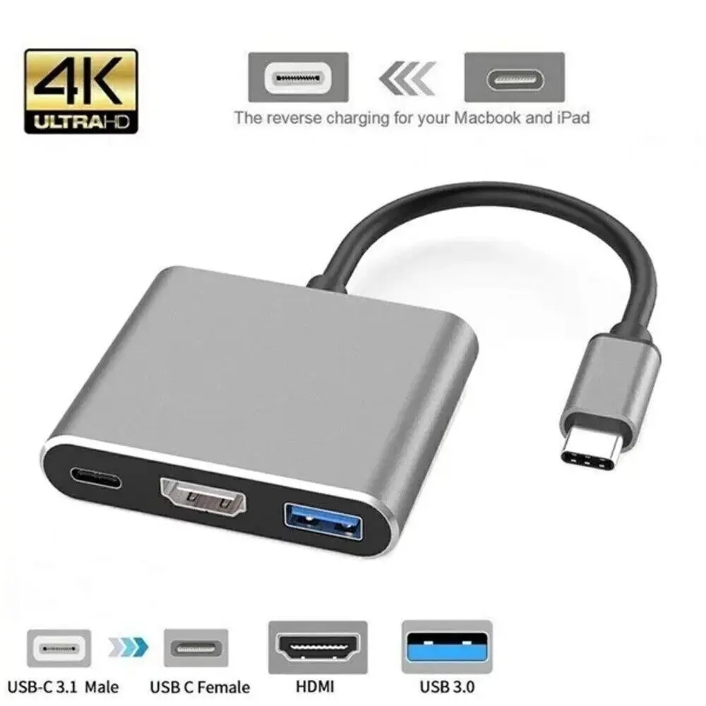 Slim Aluminum USB Port Adapters, 3-in-1 C-Type Hub with HDMI Output, USB 3.0 & Power Delivery for Laptops and Android Devices, Android Phone, 3-In-1 Hub, Laptops Phones, Usb Port Extender, Computer Accessories