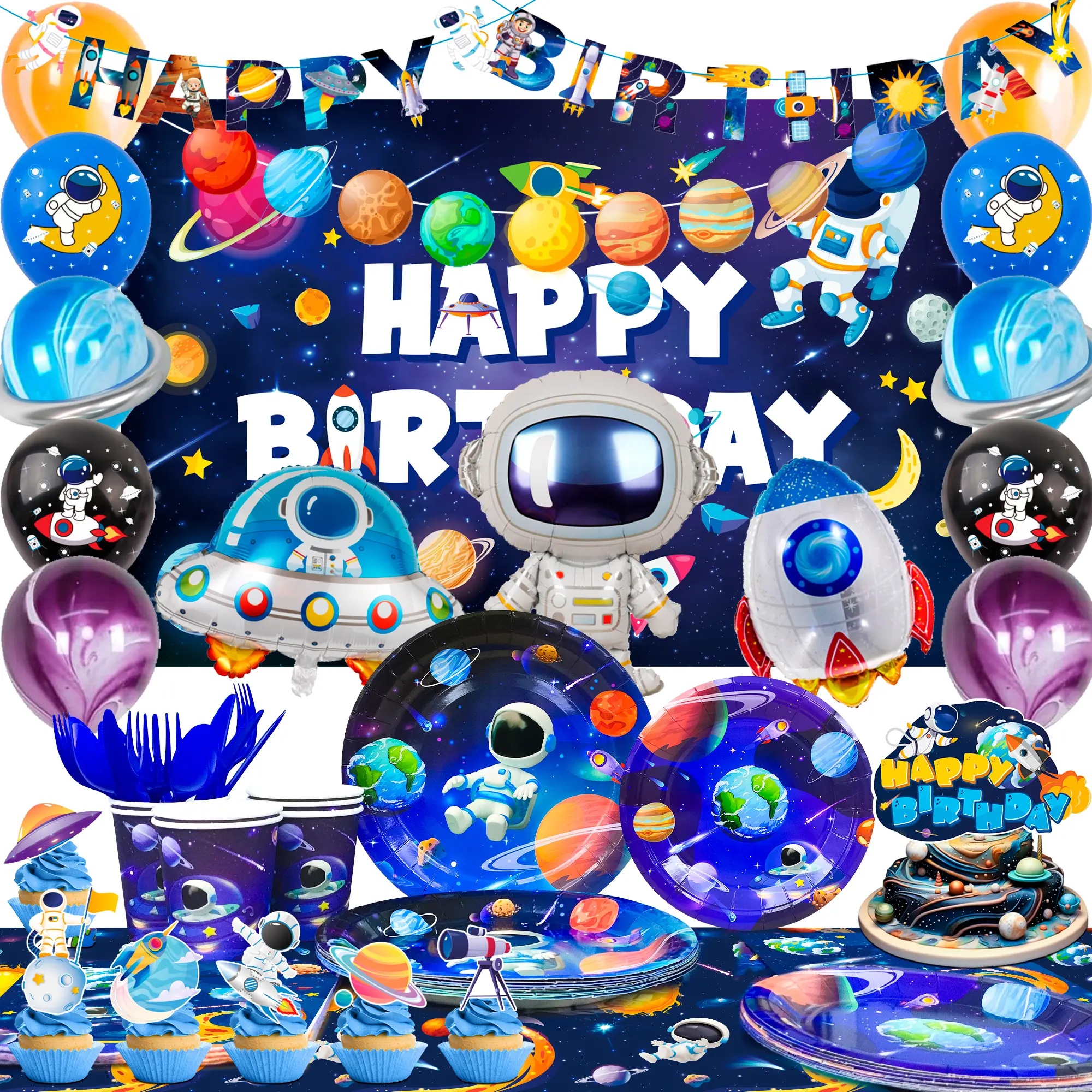 Space Birthday Party Decorations,118pcs Space Birthday Decorations&Outer Space Birthday Tableware Set- Outer Space Birthday Party Plates Tablecloth Backdrop Balloon etc Space Themed Party Decorations
