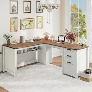 Vabches Farmhouse L Shaped Executive Desk with Drawers and Storage Shelf, Corner Standing Desk with Charging Station L-Shaped Executive Desks for for Home Office, Study, Bedroom