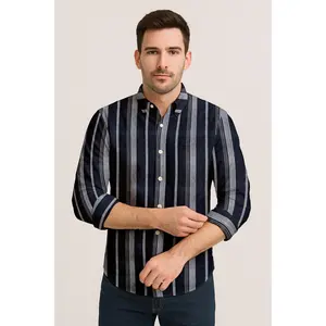 Classic Long Sleeve Vertical Stripe Button Down Shirt – Cotton Blend for Casual & Business Wear