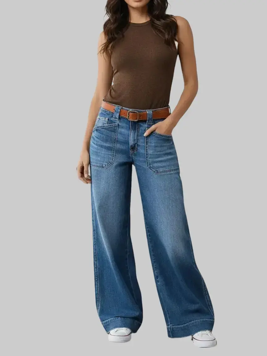 Women's high Rise Jeans Wide Leg Baggy Stretchy Boyfriend Trendy Casual Comfort Lounge Denim Pants with Pockets Wide Leg Jeans Womenswear