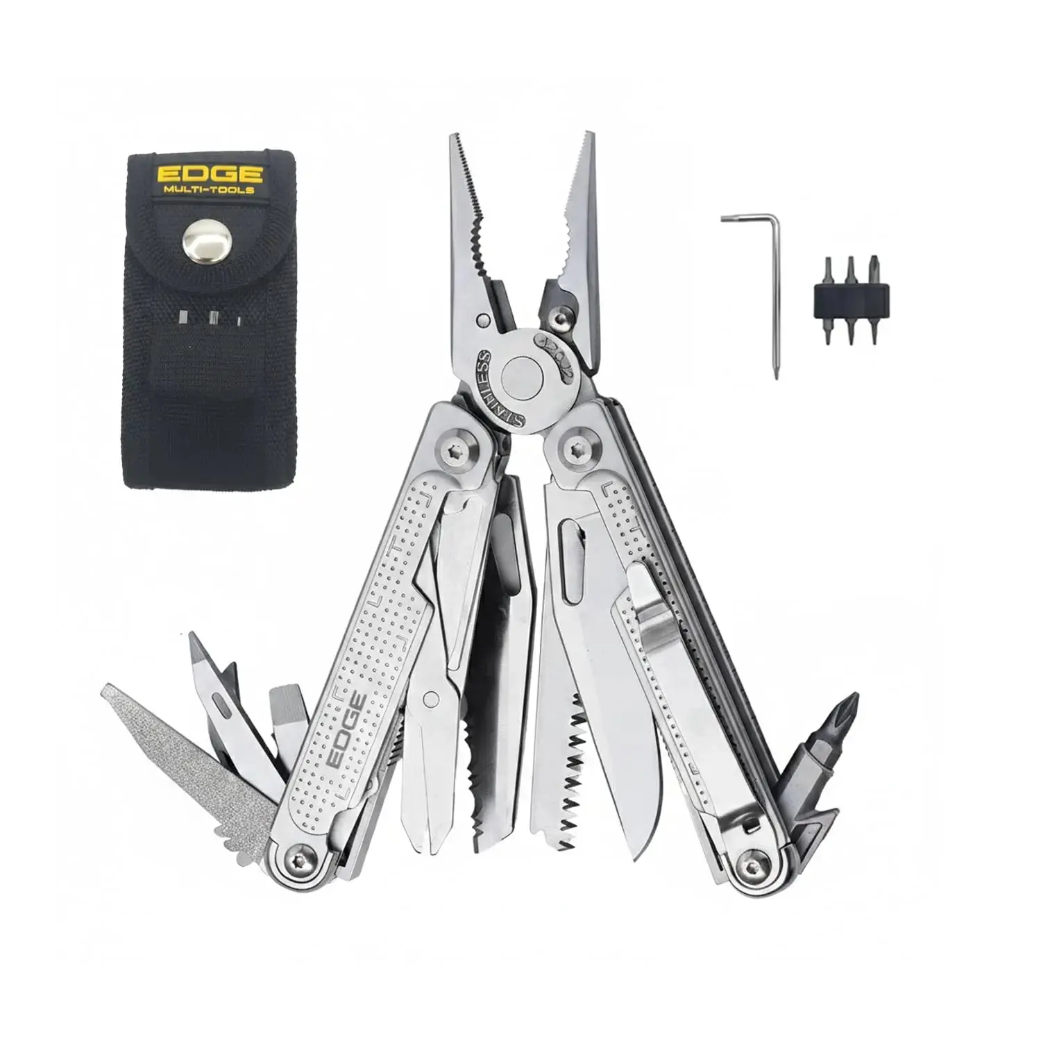 EDGE 17-in-1 Folding Pocket Multitool with Corrosion-Resist Stainless Steel Needle Nose Pliers, Knife, Saw, Scissors, Wire Cutter, Screwdriver Bits, Files, Chisel - Folding Size, Compact Design, Car Glove-Box Fit for Camping, Roadside Repair (Black)