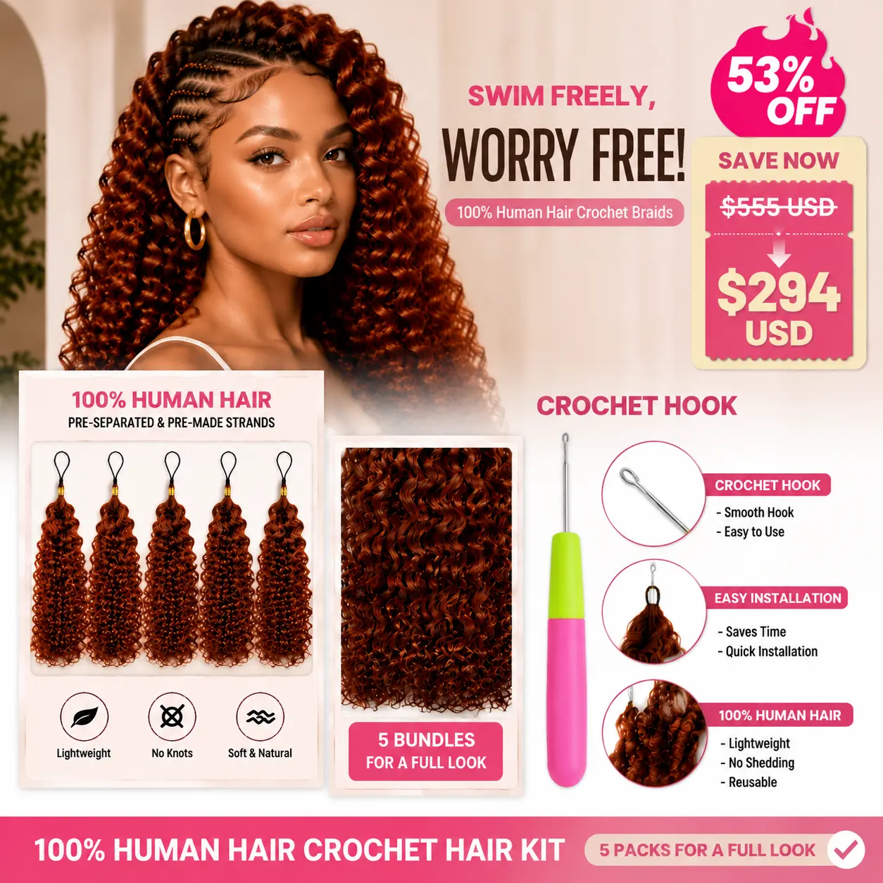 Lwigs #Reddish Brown Human Hair Crochet Braids – Miracle Knots Pre-Separated Knotless Boho Braids, Natural Looking Invisible Crochet Hair Extensions, Tangle Free No Shedding Vacation Hair