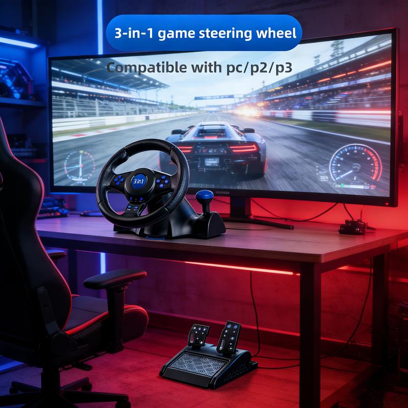 3-in-1 Racing Game Wheel /Winter Vacation At Home Must-Have 3-in-1  Gaming USB Plug & Play Desktop Adsorption Compatible with PC/PS2/PS3/Xbox360 Console Controller Accessory